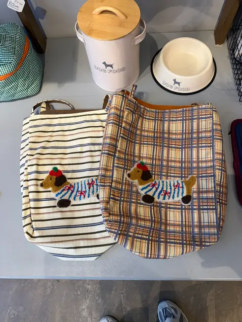 Striped and plaid tote bag with dachshund patch